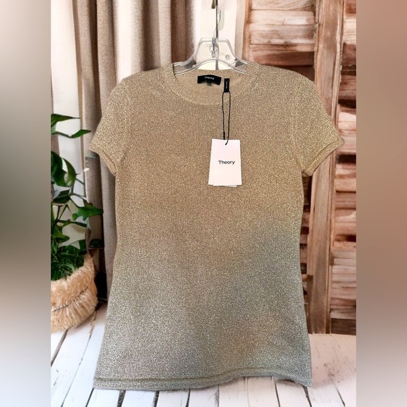 NWT Theory Gold Metallic Short Sleeve Slim Crew Neck Top Women’s Size P - Picture 1 of 8
